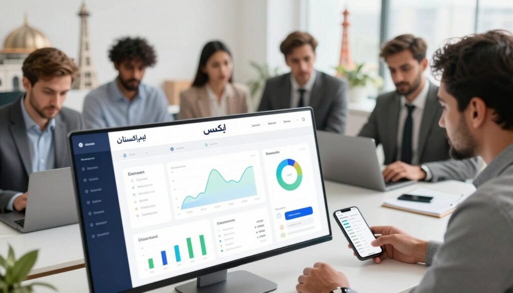 A modern digital trading platform interface showcasing "ایکس ایم پاکستان" prominently in the foreground. The design features a sleek, user-friendly dashboard with analytical charts and a vibrant color palette that suggests efficiency and innovation. In the middle ground, a diverse group of professionals in business attire discuss strategies, engaged with laptops and mobile devices. The background contains iconic Pakistani landmarks, subtly blurred to emphasize the foreground details while evoking a sense of local relevance. Soft yet bright lighting highlights the technology and people, creating an optimistic and dynamic atmosphere. The angle captures a slightly elevated view to provide depth, focusing on the interactions and the technology that symbolizes the growing popularity of online trading in Pakistan. A modern digital trading platform interface showcasing "ایکس ایم پاکستان" prominently in the foreground. The design features a sleek, user-friendly dashboard with analytical charts and a vibrant color palette that suggests efficiency and innovation. In the middle ground, a diverse group of professionals in business attire discuss strategies, engaged with laptops and mobile devices. The background contains iconic Pakistani landmarks, subtly blurred to emphasize the foreground details while evoking a sense of local relevance. Soft yet bright lighting highlights the technology and people, creating an optimistic and dynamic atmosphere. The angle captures a slightly elevated view to provide depth, focusing on the interactions and the technology that symbolizes the growing popularity of online trading in Pakistan.