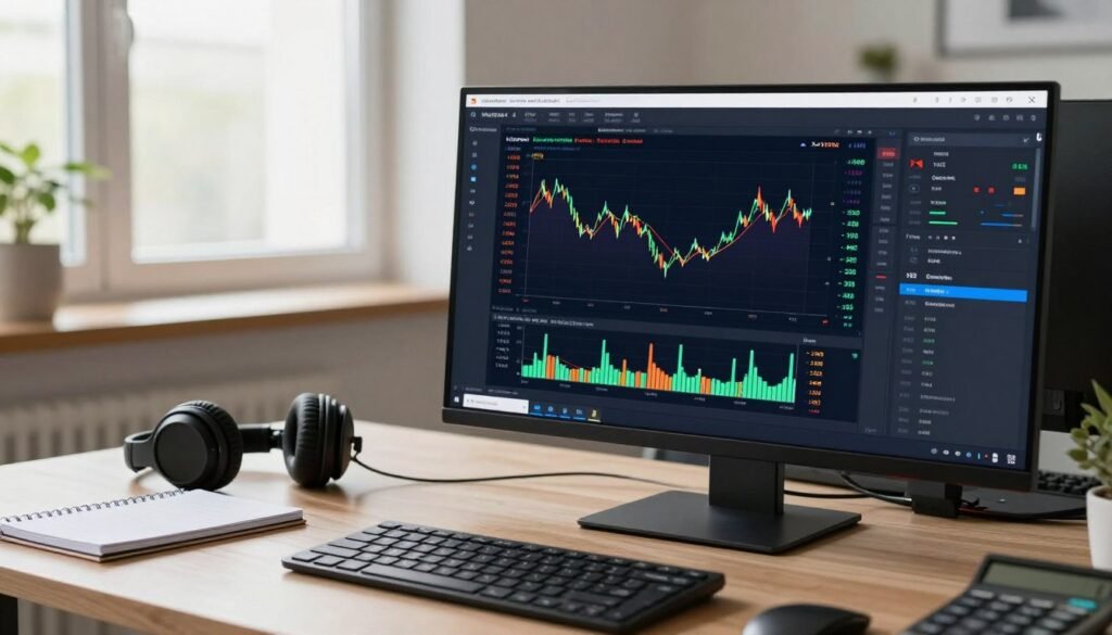 A modern workspace featuring the XM MetaTrader 4 trading platform on a high-resolution computer screen. In the foreground, the focus is on the screen displaying vibrant charts, live market data, and trading tools, all set against a sleek, dark-themed interface. The middle layer includes a stylish workspace with a neat desk, a pair of professional headphones, and essential trading accessories like a notepad and a calculator. In the background, soft natural light filters in through a large window, illuminating the room and creating a calm, professional atmosphere. The scene is shot from a slight angle to emphasize the screen while ensuring the overall setup feels inviting yet focused. The mood conveys productivity and efficiency, perfect for beginners exploring trading. A modern workspace featuring the XM MetaTrader 4 trading platform on a high-resolution computer screen. In the foreground, the focus is on the screen displaying vibrant charts, live market data, and trading tools, all set against a sleek, dark-themed interface. The middle layer includes a stylish workspace with a neat desk, a pair of professional headphones, and essential trading accessories like a notepad and a calculator. In the background, soft natural light filters in through a large window, illuminating the room and creating a calm, professional atmosphere. The scene is shot from a slight angle to emphasize the screen while ensuring the overall setup feels inviting yet focused. The mood conveys productivity and efficiency, perfect for beginners exploring trading.