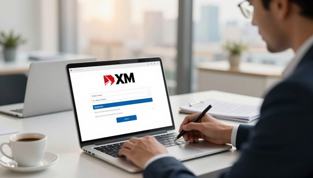 A professional business setting in Pakistan, showcasing a digital device displaying the XM logo on the screen, symbolizing the sign-up process. In the foreground, a confident individual dressed in smart business attire, engaged in filling out an online form, embodies the theme of digital innovation. The middle ground features a sleek, modern workspace with a laptop, documents, and a cup of coffee, creating a sense of productivity. The background displays a soft-focus urban skyline, indicative of Pakistan's growing technology landscape. Warm, natural lighting casts a welcoming glow, enhancing the atmosphere of opportunity and accessibility. The image reflects an optimistic and professional mood, inviting viewers to explore online opportunities with XM. A professional business setting in Pakistan, showcasing a digital device displaying the XM logo on the screen, symbolizing the sign-up process. In the foreground, a confident individual dressed in smart business attire, engaged in filling out an online form, embodies the theme of digital innovation. The middle ground features a sleek, modern workspace with a laptop, documents, and a cup of coffee, creating a sense of productivity. The background displays a soft-focus urban skyline, indicative of Pakistan's growing technology landscape. Warm, natural lighting casts a welcoming glow, enhancing the atmosphere of opportunity and accessibility. The image reflects an optimistic and professional mood, inviting viewers to explore online opportunities with XM.