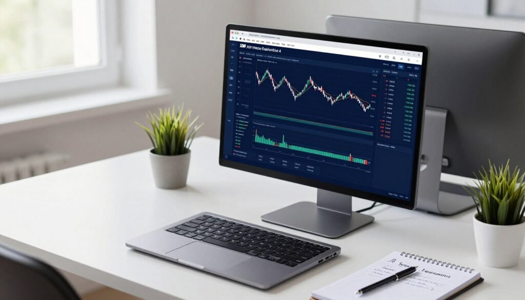 A sleek, modern workspace set up for trading on XM MetaTrader 4, featuring a high-resolution computer screen displaying the software interface with graphs and trading data. In the foreground, there's a laptop next to a notepad filled with handwritten notes on system requirements. The middle ground includes a stylish office chair and a small potted plant for aesthetic enhancement. The background shows a bright window with natural light streaming in, illuminating the workspace, creating a productive and inviting atmosphere. Emphasize a clean, minimalist design with a calming color palette of blues and whites, promoting focus and clarity. The angle should present a slightly elevated view to capture the entire setup effectively, with soft shadows to add depth and dimension. A sleek, modern workspace set up for trading on XM MetaTrader 4, featuring a high-resolution computer screen displaying the software interface with graphs and trading data. In the foreground, there's a laptop next to a notepad filled with handwritten notes on system requirements. The middle ground includes a stylish office chair and a small potted plant for aesthetic enhancement. The background shows a bright window with natural light streaming in, illuminating the workspace, creating a productive and inviting atmosphere. Emphasize a clean, minimalist design with a calming color palette of blues and whites, promoting focus and clarity. The angle should present a slightly elevated view to capture the entire setup effectively, with soft shadows to add depth and dimension.